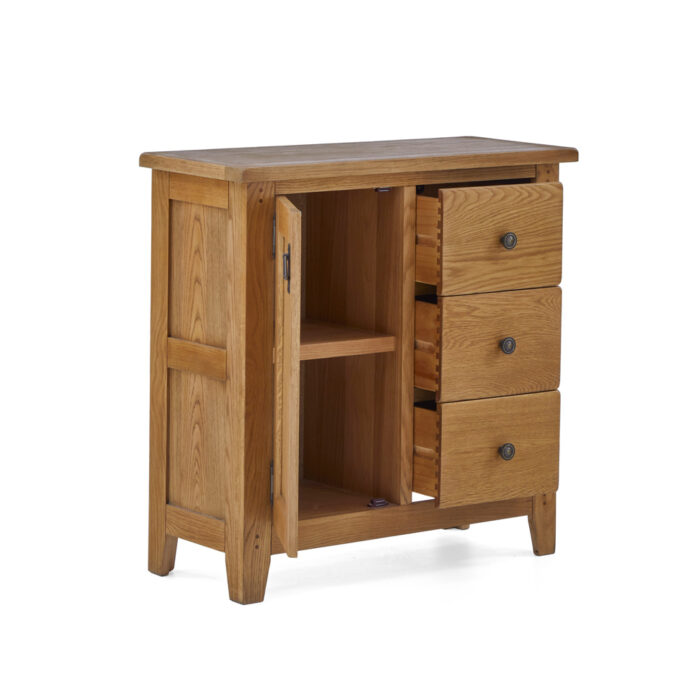 Burford Mini Sideboard with door and drawers open angle