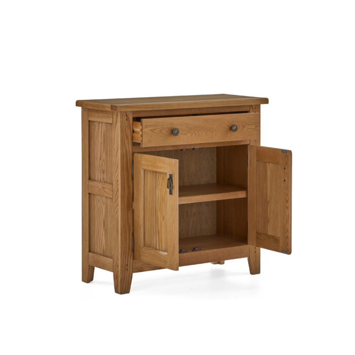 Burford Mini Sideboard with top drawer open - front side angle