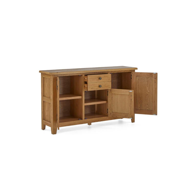 Burford Large Sideboard with doors and drawers open front side angle