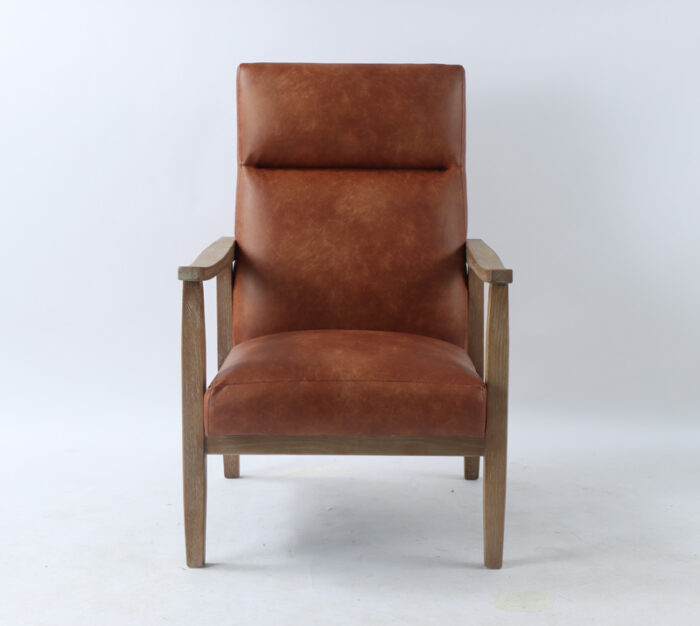 Lou Armchair in Tan fabric - front view (Tall back & Nice exposed oak arms.