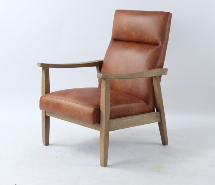 Lou Armchair in Tan fabric - Front side view view (Tall back & Nice exposed oak arms.