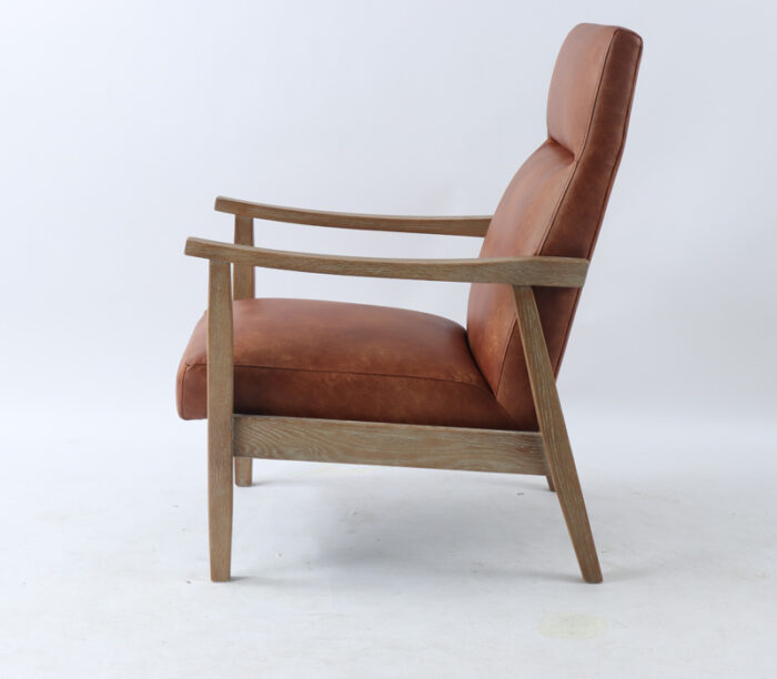 Lou Armchair in Tan fabric - Side view (Tall back & Nice exposed oak arms.