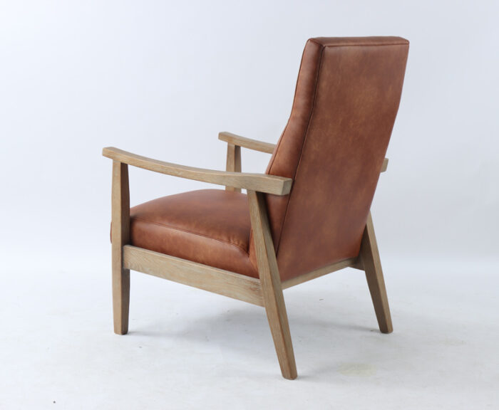 Lou Armchair in Tan fabric - Side rear view (Tall back & Nice exposed oak arms.