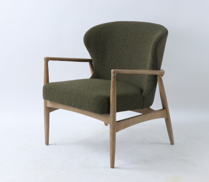 Side front view of Bronte Green armchair - Bent Oakwood frame