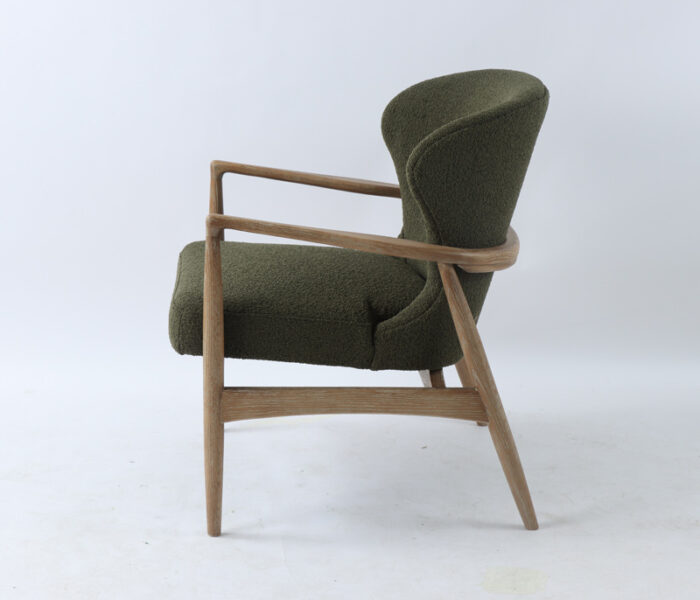 side view of Bronte Green armchair - Bent Oakwood frame